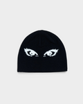 Lockwood Avenue Beyond Medals Jacquard Beanie Eyes in black, laid flat, a close-fitting beanie with a pair of white lashed eyes knitted across the front