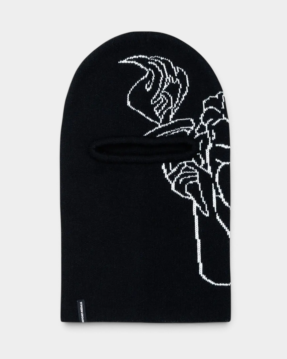 Lockwood Avenue Beyond Medals Jacquard Knit Balaclava in black, a full knitted face mask with one horizontal eye slot and a white line-drawn angel knitted across the front