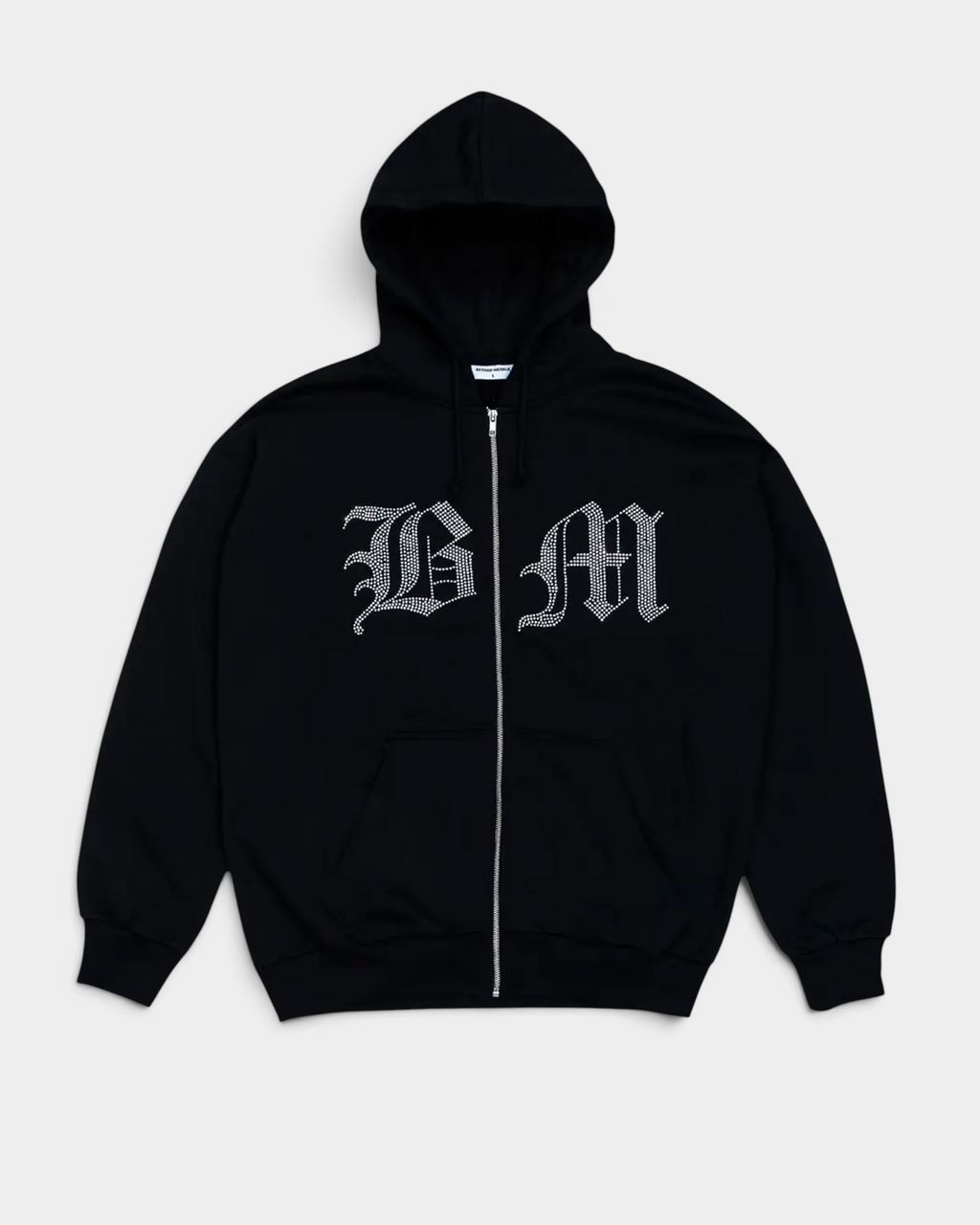 Lockwood Avenue Beyond Medals Stone Zip Hoodie in black, laid flat, with BM in Old English lettering picked out in rhinestones across the chest and split by the full-length zip