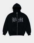 Lockwood Avenue Beyond Medals Stone Zip Hoodie in black, laid flat, with BM in Old English lettering picked out in rhinestones across the chest and split by the full-length zip