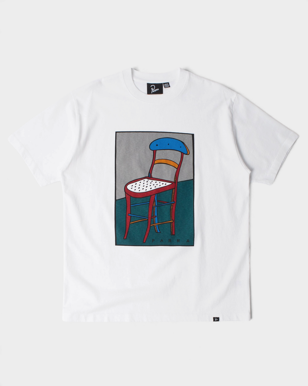 by Parra A Chair T-Shirt - White, front flat-lay with the A Chair print of a red chair against a grey and green wall