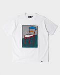 by Parra A Chair T-Shirt - White, front flat-lay with the A Chair print of a red chair against a grey and green wall