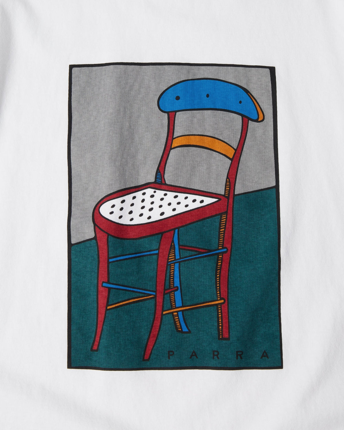 by Parra A Chair T-Shirt - White, close-up of the A Chair print