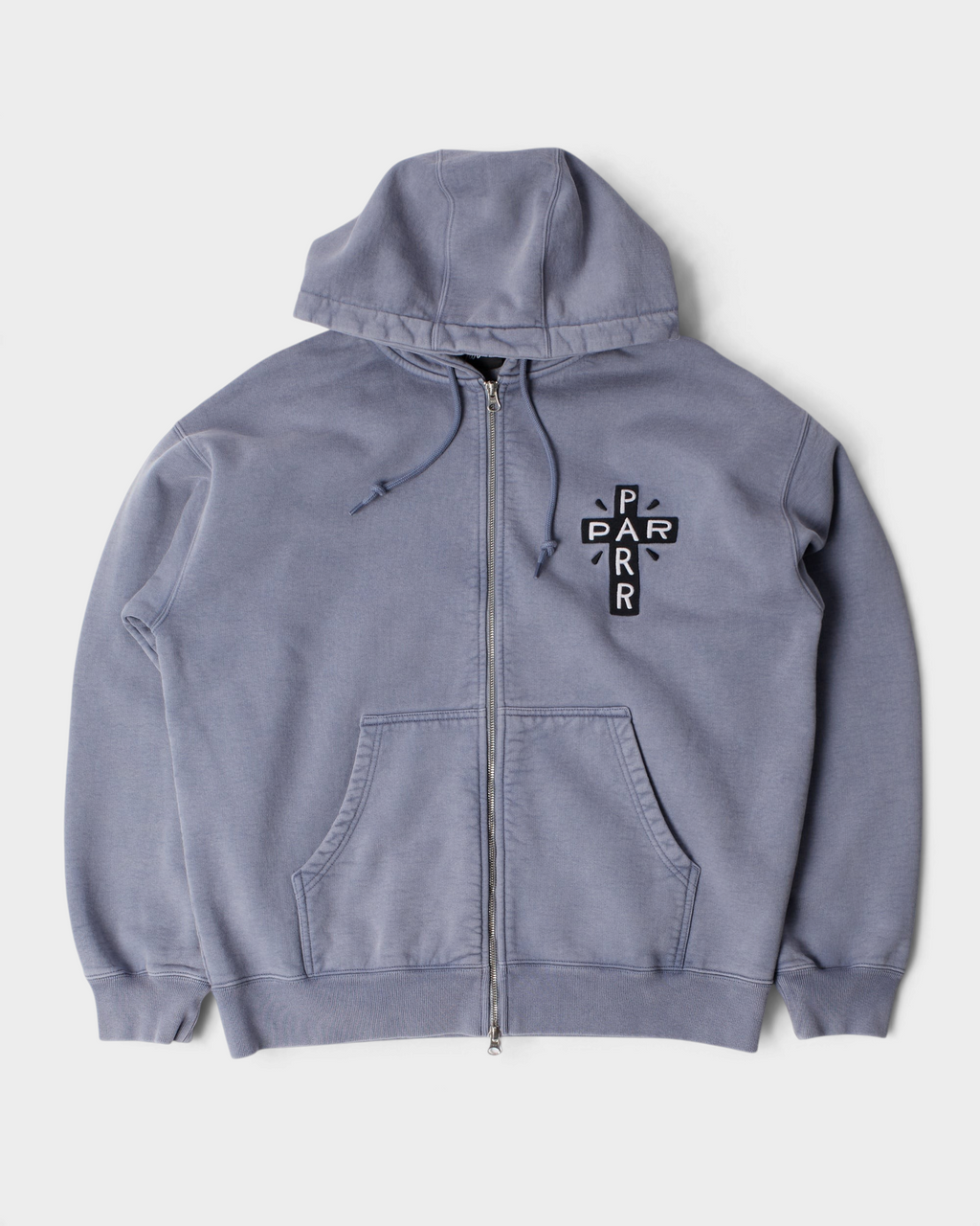 by Parra A Cross to Bear Zip Hooded Sweatshirt - Blue, front flat-lay, zipped, with the black A cross to bear Parra cross embroidered on the chest