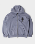 by Parra A Cross to Bear Zip Hooded Sweatshirt - Blue, front flat-lay, zipped, with the black A cross to bear Parra cross embroidered on the chest