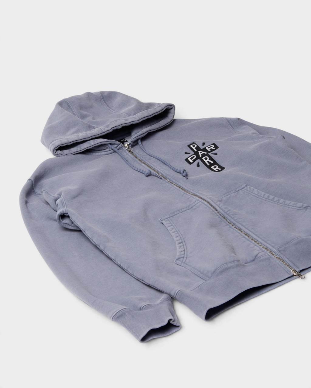 by Parra A Cross to Bear Zip Hooded Sweatshirt - Blue, angled view of the front
