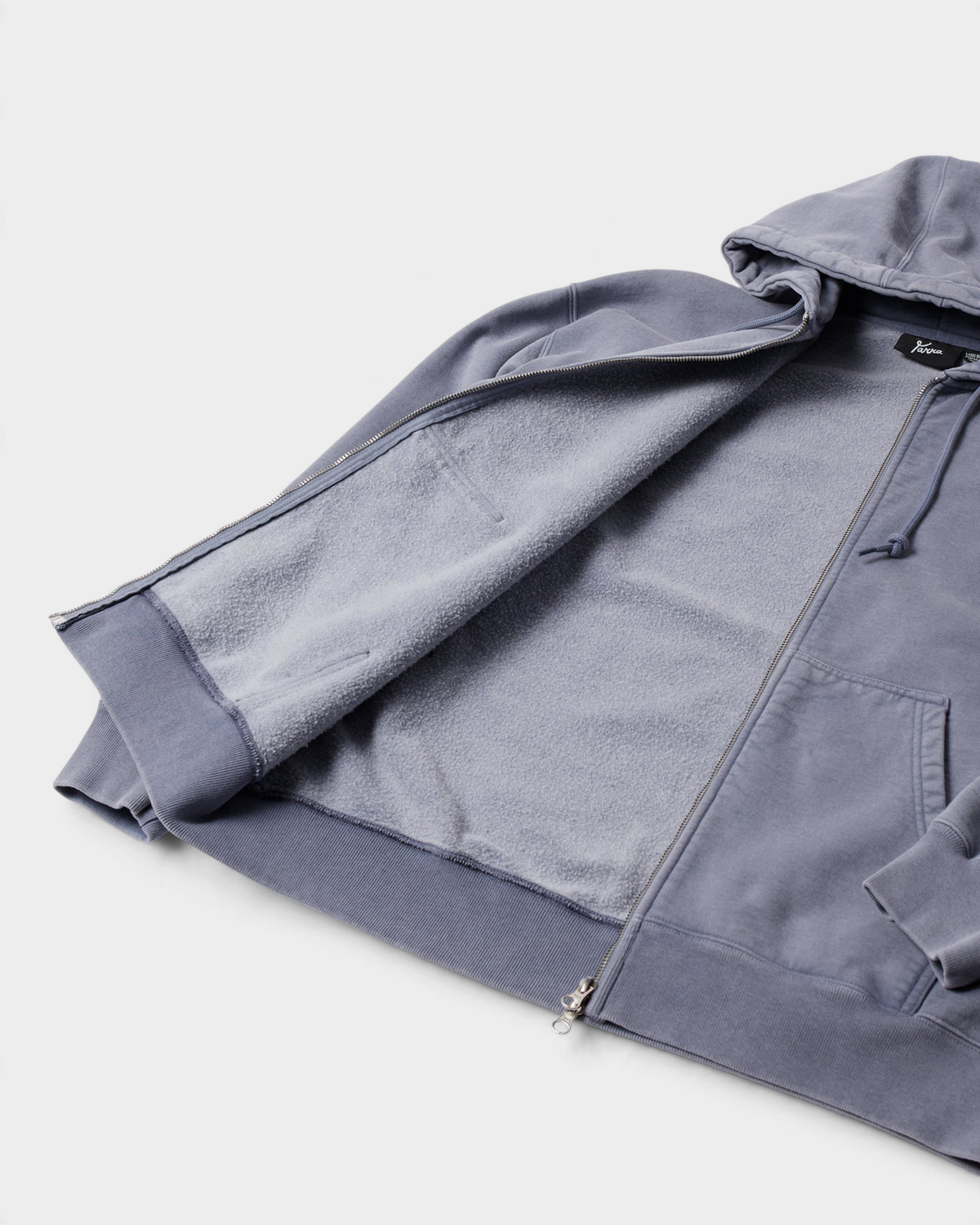 by Parra A Cross to Bear Zip Hooded Sweatshirt - Blue, unzipped, showing the brushed inside