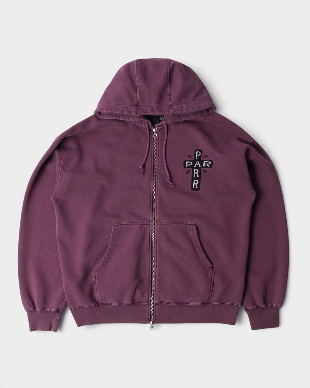 by Parra A Cross to Bear Zip Hooded Sweatshirt - Purple, front flat-lay, zipped, with the A cross to bear Parra cross embroidered on the chest