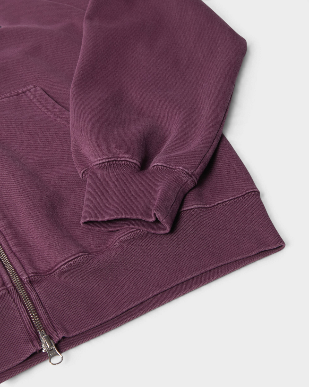 by Parra A Cross to Bear Zip Hooded Sweatshirt - Purple, close-up of the ribbed cuff and zip