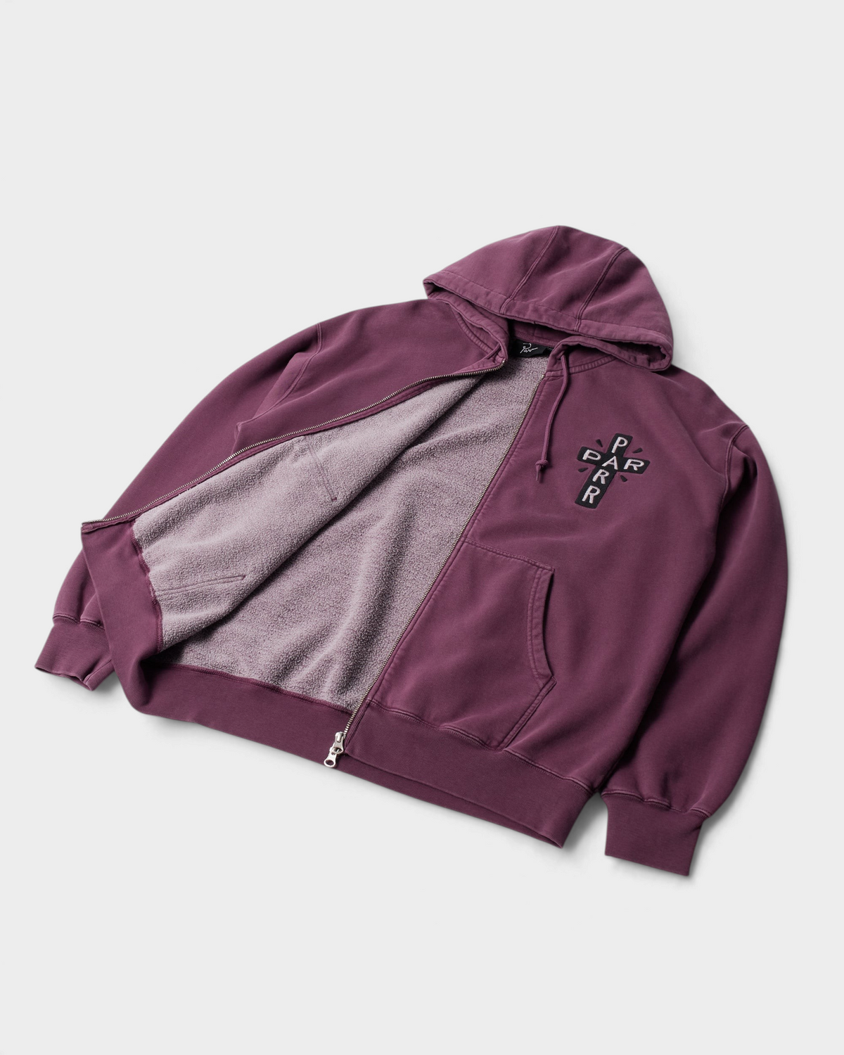 by Parra A Cross to Bear Zip Hooded Sweatshirt - Purple, unzipped, showing the brushed inside