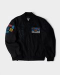 by Parra All the Best Varsity Jacket - Black, front flat-lay with a Parra Records patch, tonal Parra embroidery and a letter patch sleeve