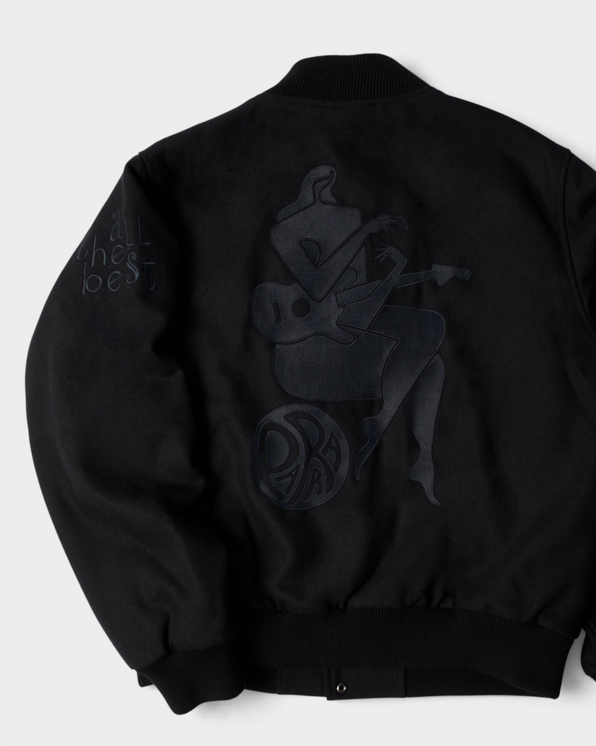 by Parra All the Best Varsity Jacket - Black, back flat-lay with a tonal embroidered figure