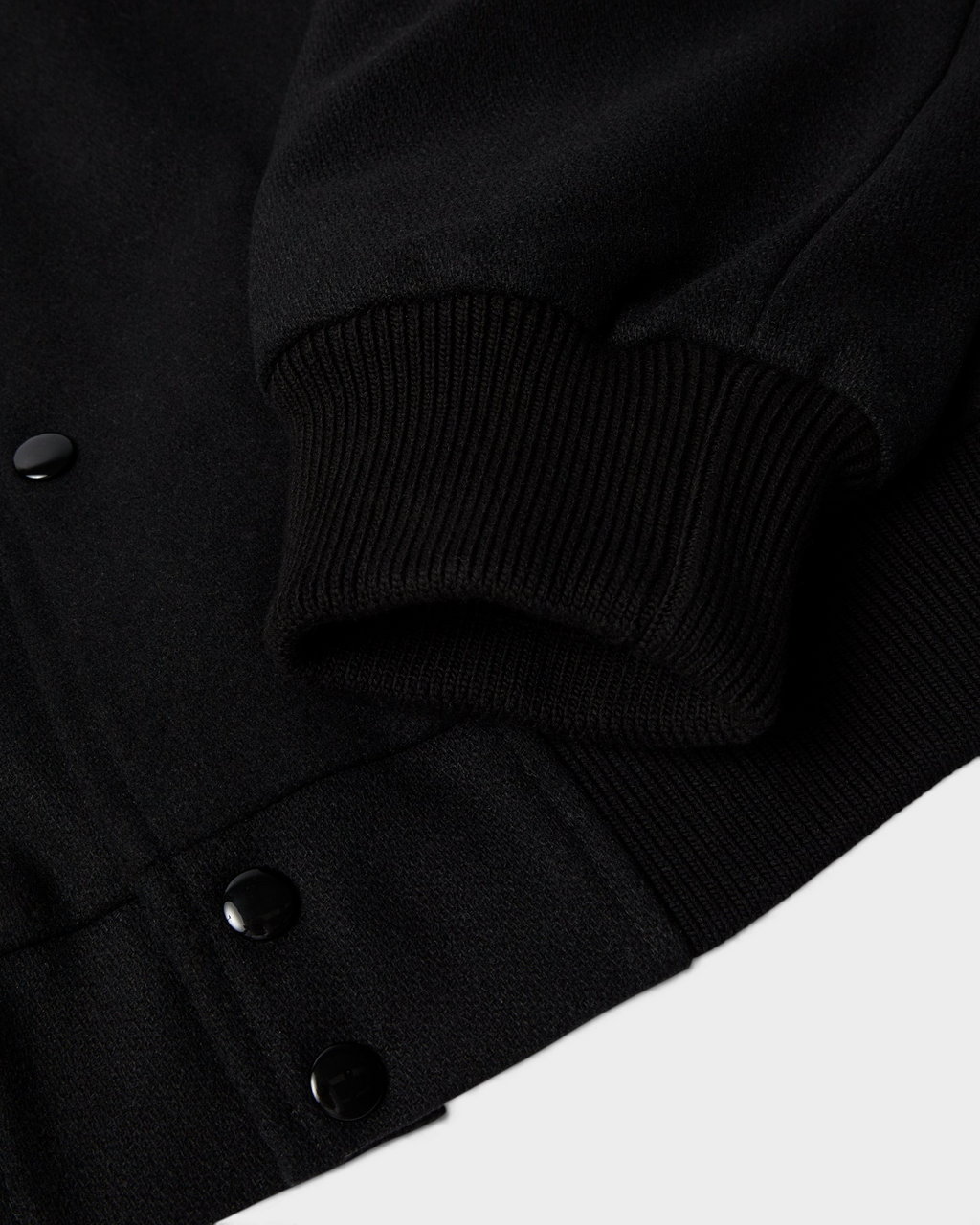 by Parra All the Best Varsity Jacket - Black, close-up of the ribbed cuff and snap buttons