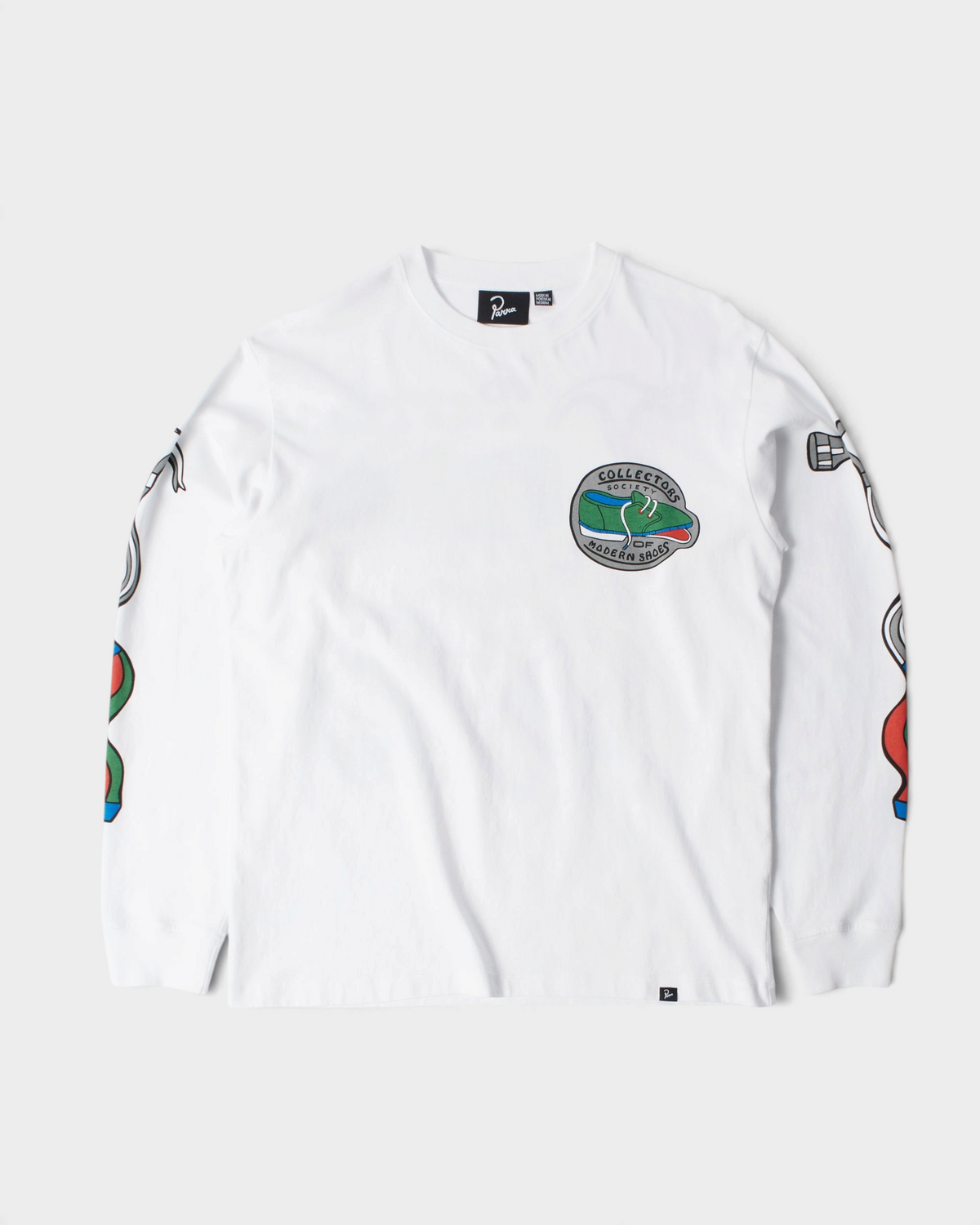 by Parra Bike Hammer Long-Sleeve T-Shirt - White, front flat-lay with the Collectors Society of Modern Shoes chest print and printed sleeves