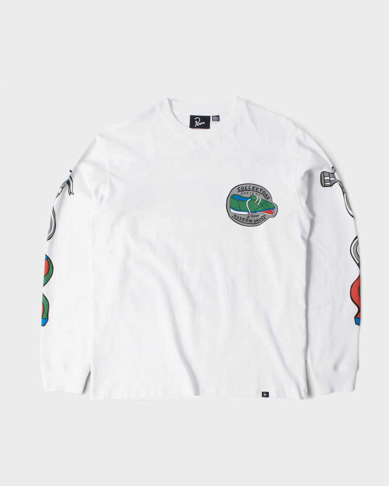 by Parra Bike Hammer Long-Sleeve T-Shirt - White, front flat-lay with the Collectors Society of Modern Shoes chest print and printed sleeves
