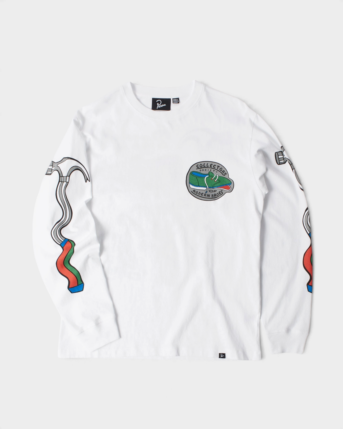 by Parra Bike Hammer Long-Sleeve T-Shirt - White, front flat-lay showing the hammer print running down the sleeve