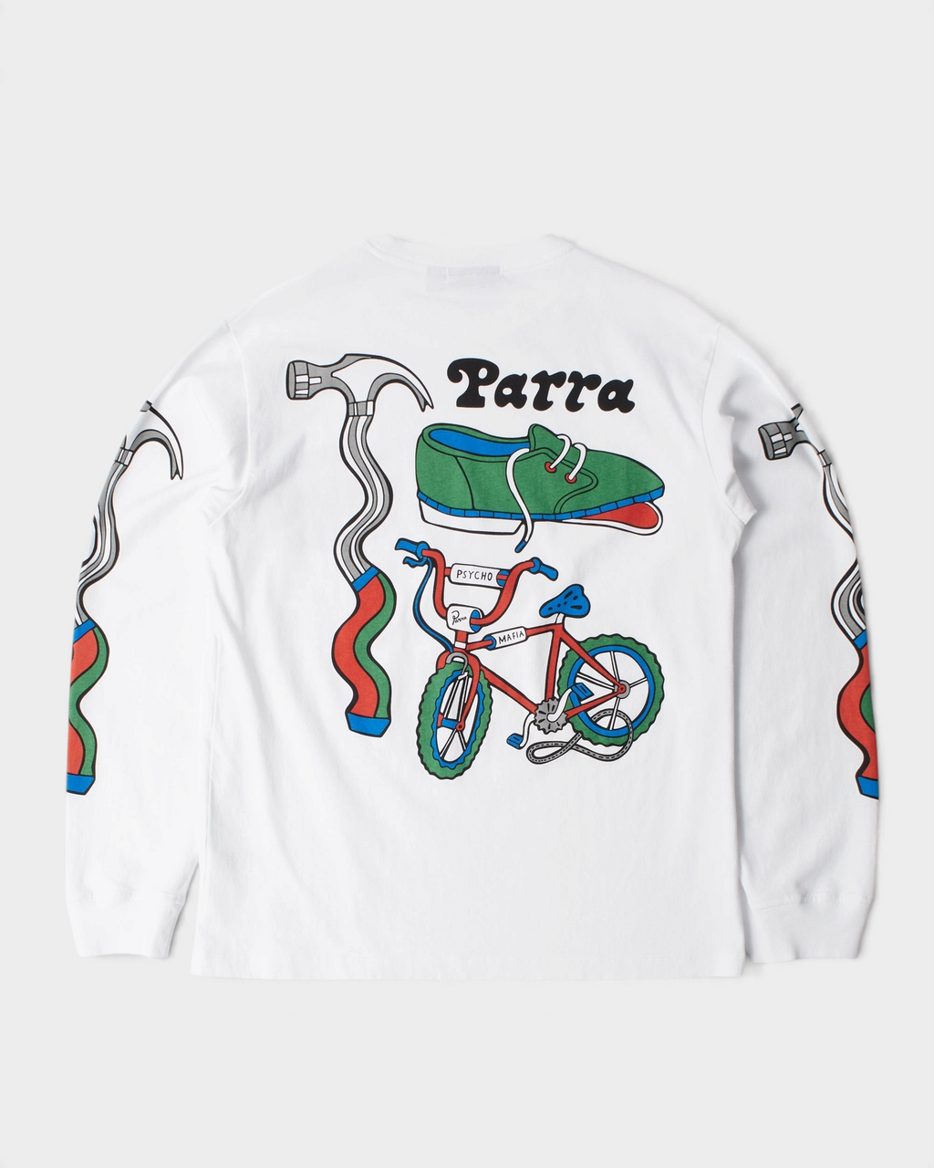 by Parra Bike Hammer Long-Sleeve T-Shirt - White, back flat-lay with the Bike hammer print of a shoe, a hammer and a bicycle