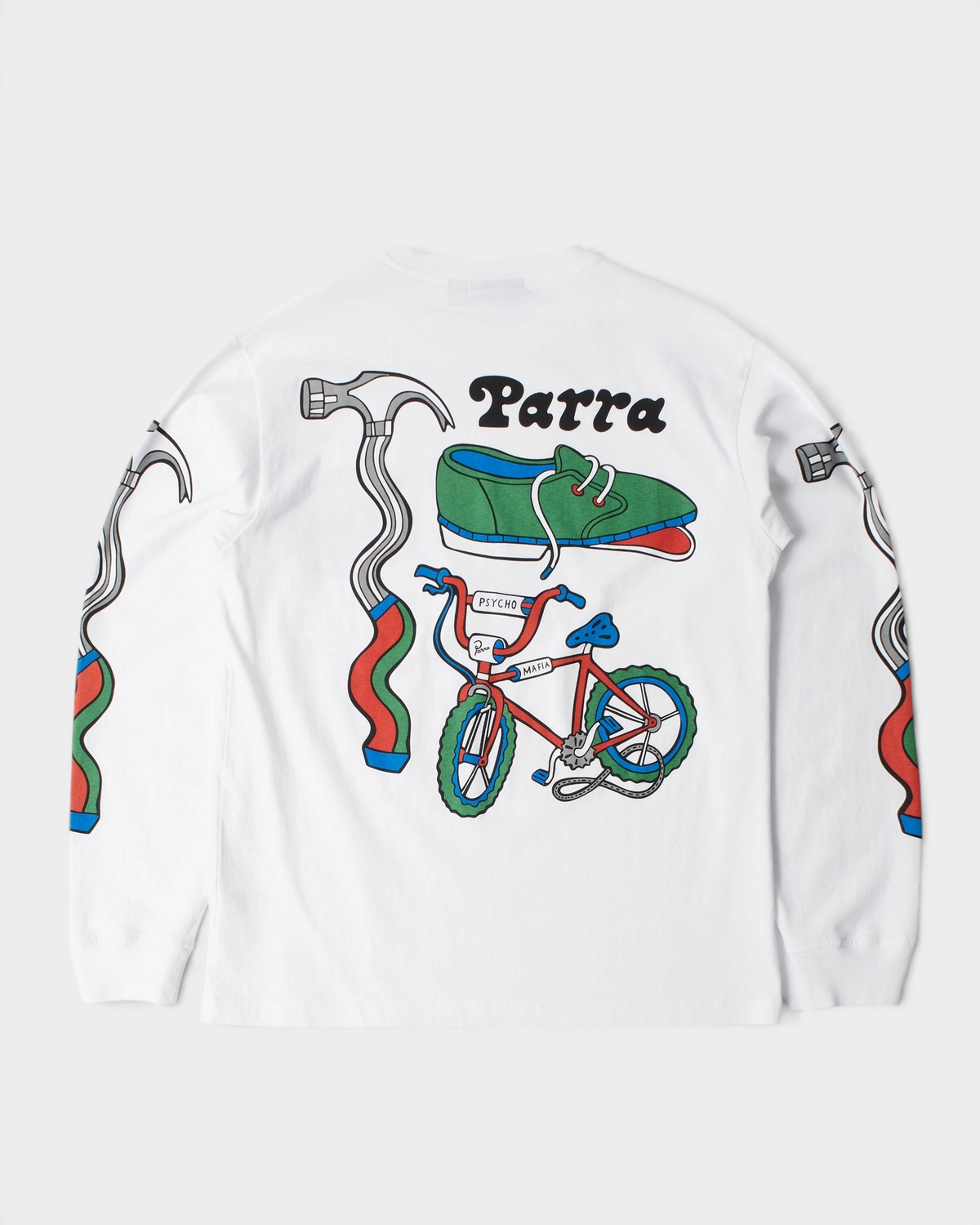 by Parra Bike Hammer Long-Sleeve T-Shirt - White, back flat-lay with the Bike hammer print of a shoe, a hammer and a bicycle