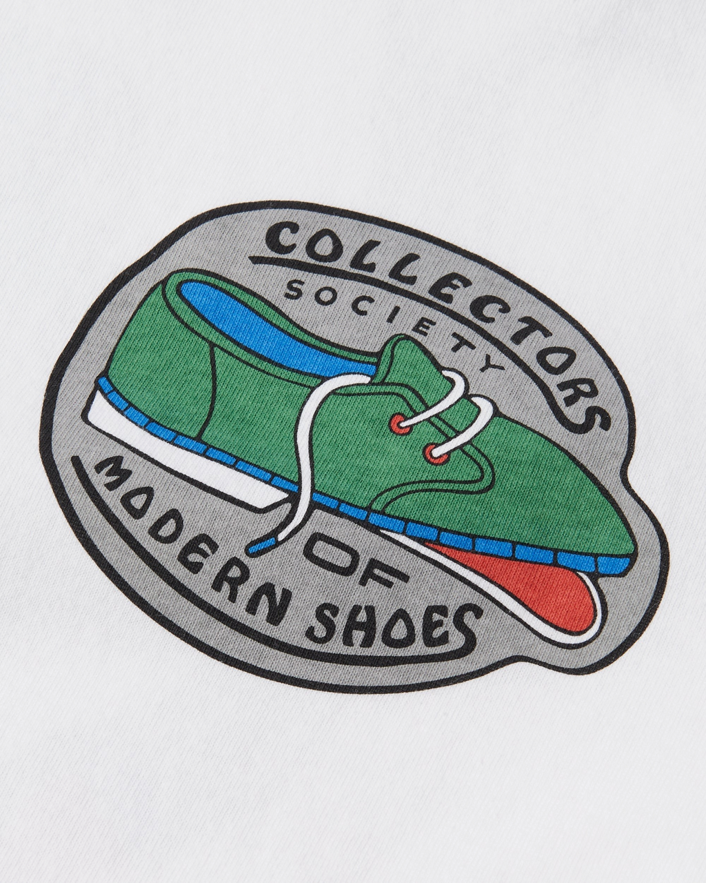by Parra Bike Hammer Long-Sleeve T-Shirt - White, close-up of the Collectors Society of Modern Shoes chest print