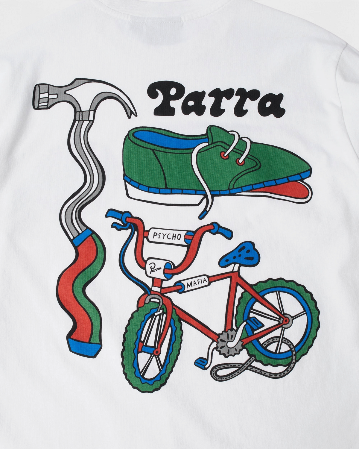by Parra Bike Hammer Long-Sleeve T-Shirt - White, close-up of the back print