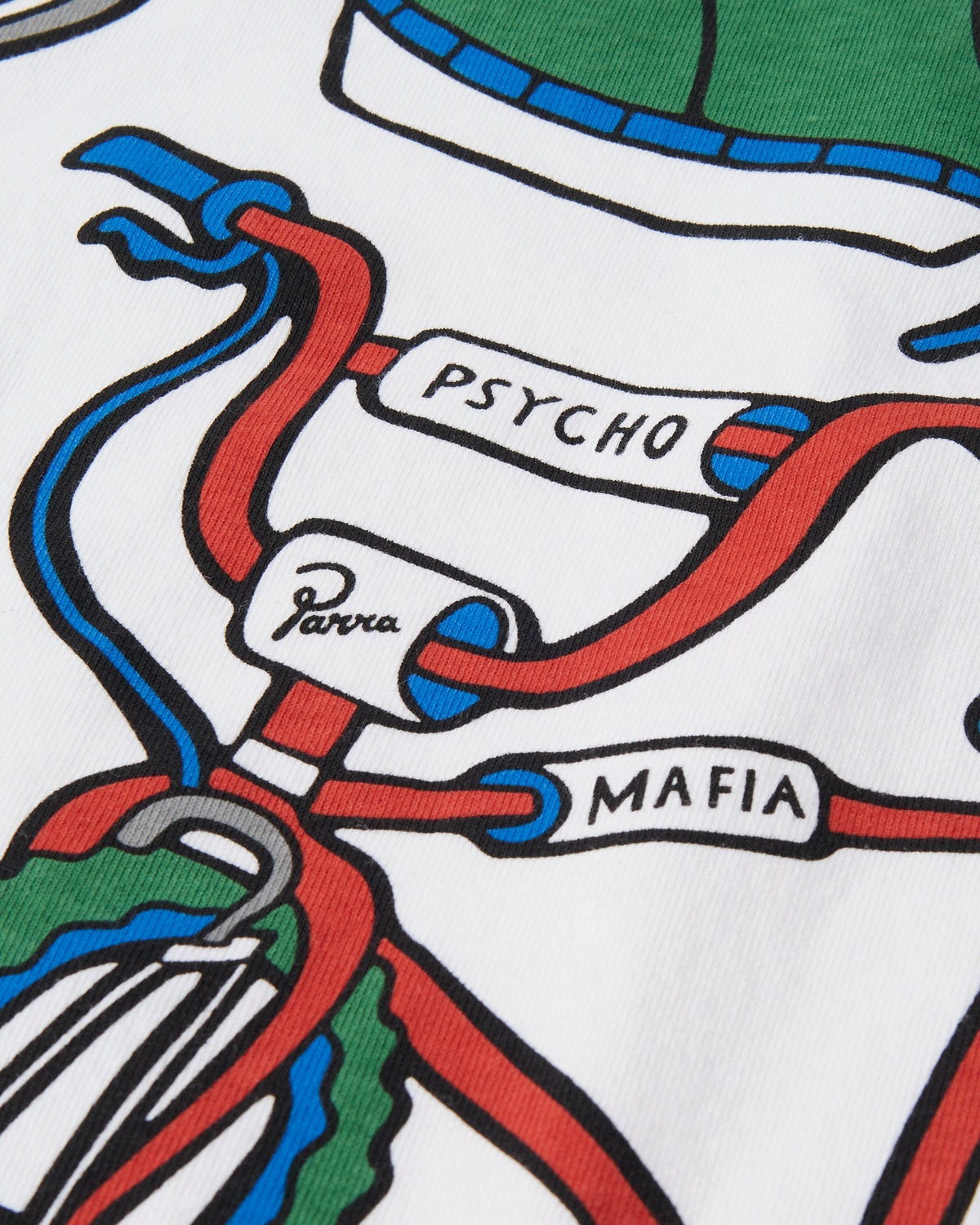 by Parra Bike Hammer Long-Sleeve T-Shirt - White, close-up of the bicycle in the back print