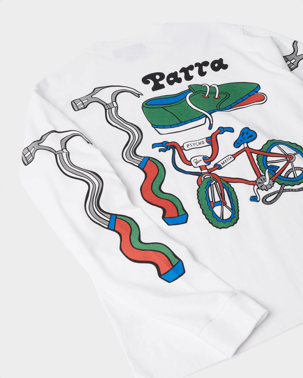 by Parra Bike Hammer Long-Sleeve T-Shirt - White, angled view of the back and sleeve prints
