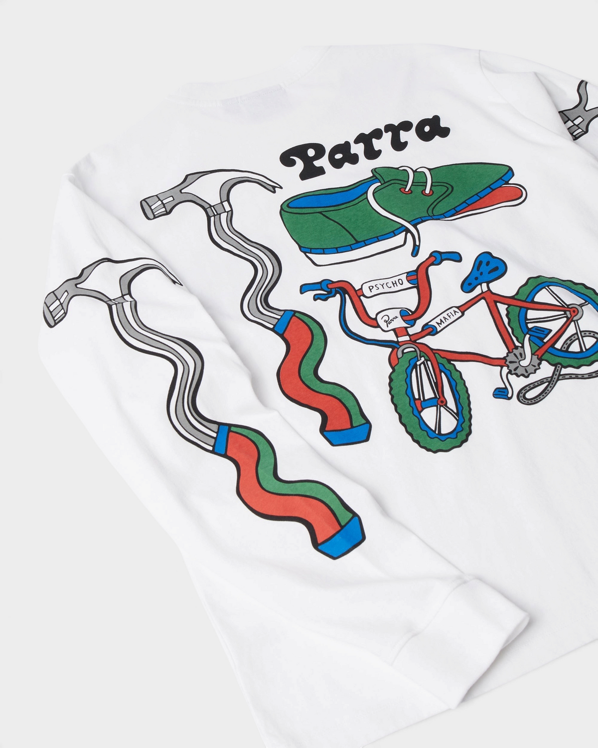 by Parra Bike Hammer Long-Sleeve T-Shirt - White, angled view of the back and sleeve prints