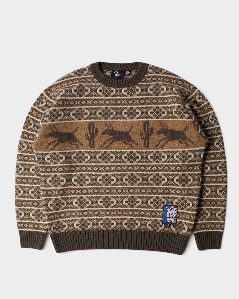 by Parra Cactus Bull Knitted Pullover - Brown, front flat-lay with the knitted Cactus bull band and patterned stripes
