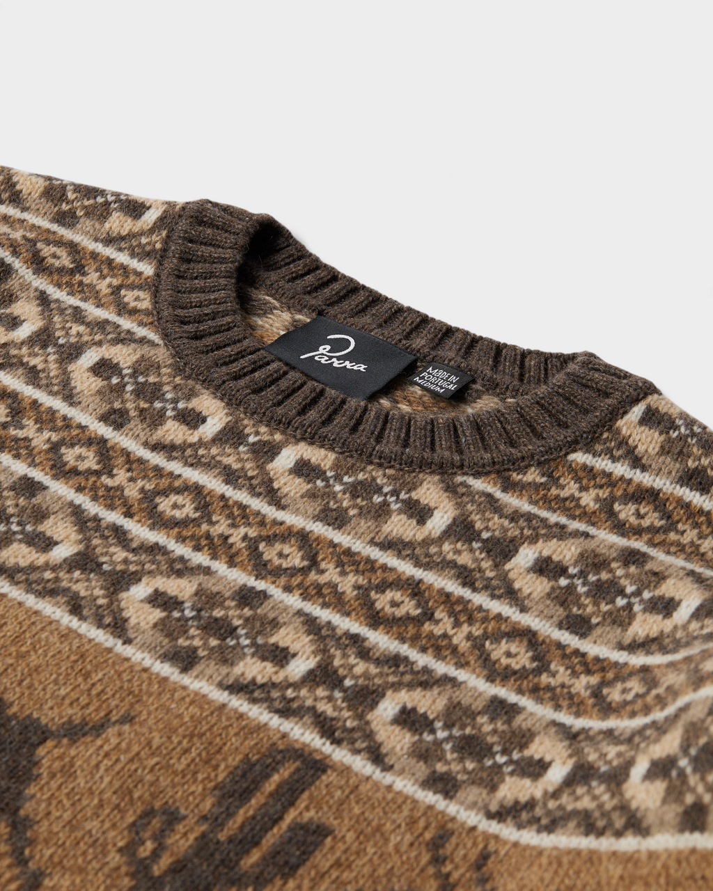 by Parra Cactus Bull Knitted Pullover - Brown, close-up of the knit pattern and ribbed collar