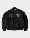 by Parra Club Not 1976 Satin Bomber Jacket - Black, front flat-lay with the embroidered dog and Club Not 1976 on the chest