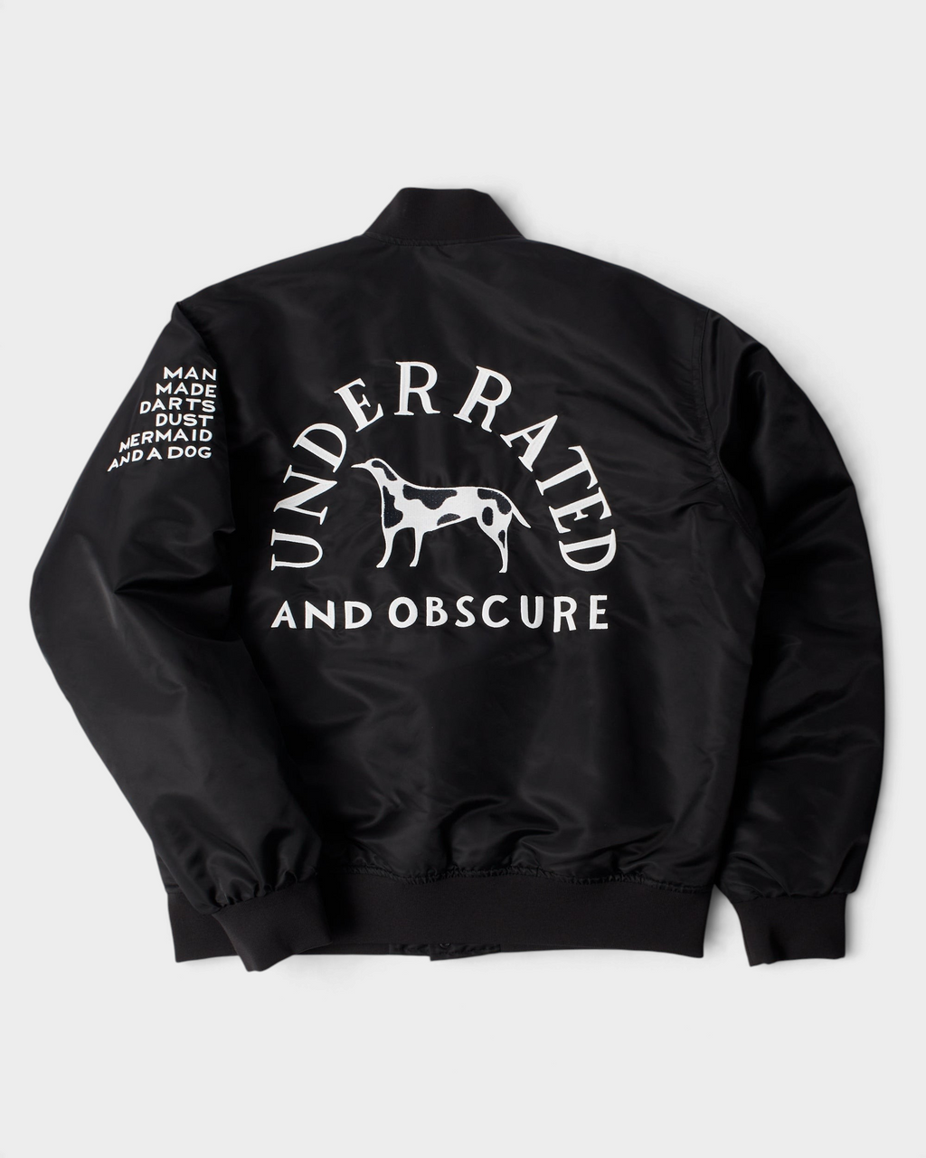 by Parra Club Not 1976 Satin Bomber Jacket - Black, back flat-lay with the large Underrated and Obscure dog embroidery