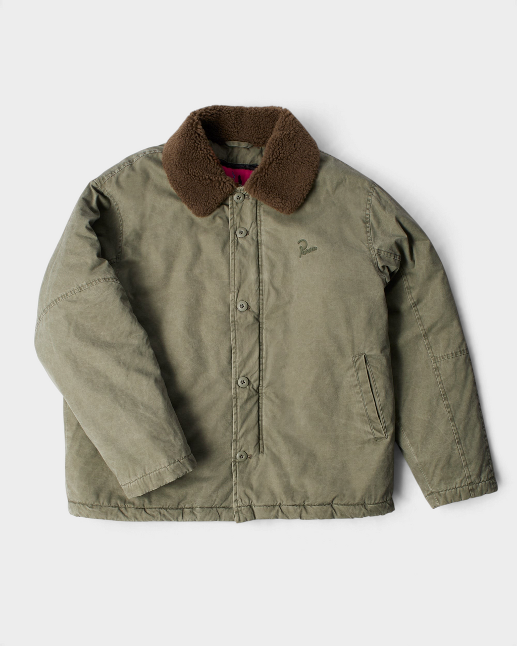 by Parra Darwin Takes Flight Jacket - Green, front flat-lay with a brown faux fur collar and a small Parra logo on the chest