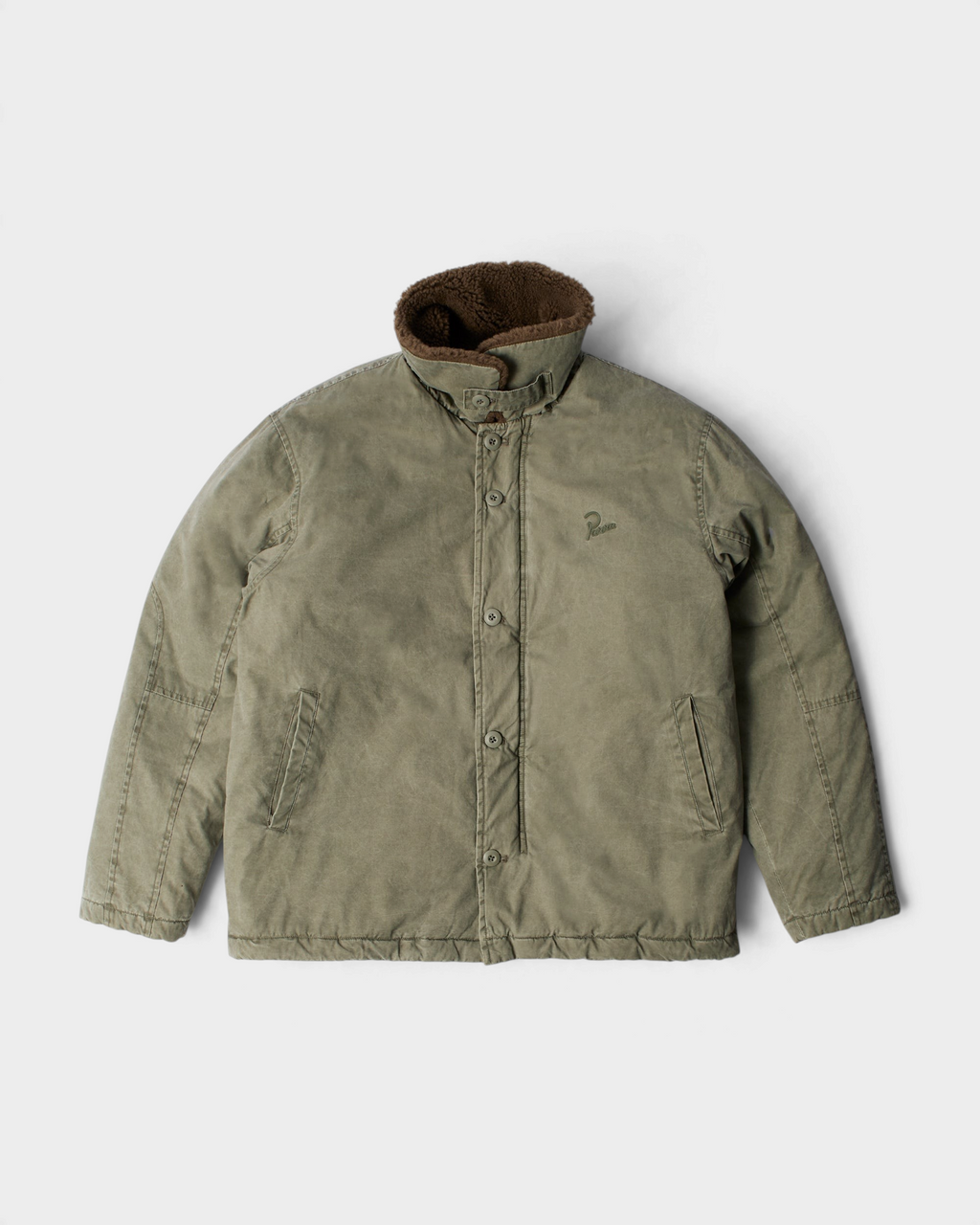 by Parra Darwin Takes Flight Jacket - Green, front flat-lay with the collar turned up
