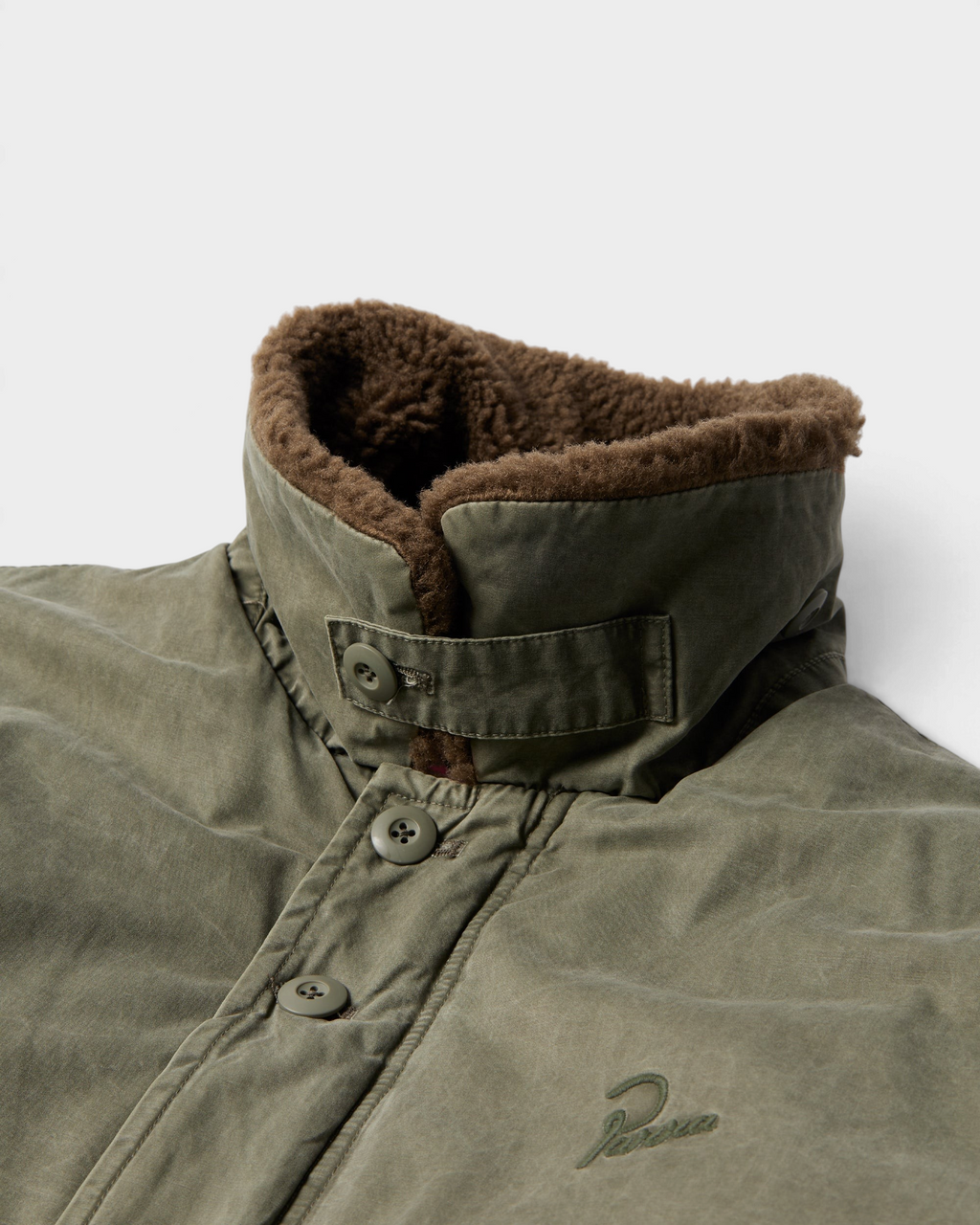 by Parra Darwin Takes Flight Jacket - Green, close-up of the collar strap and buttons