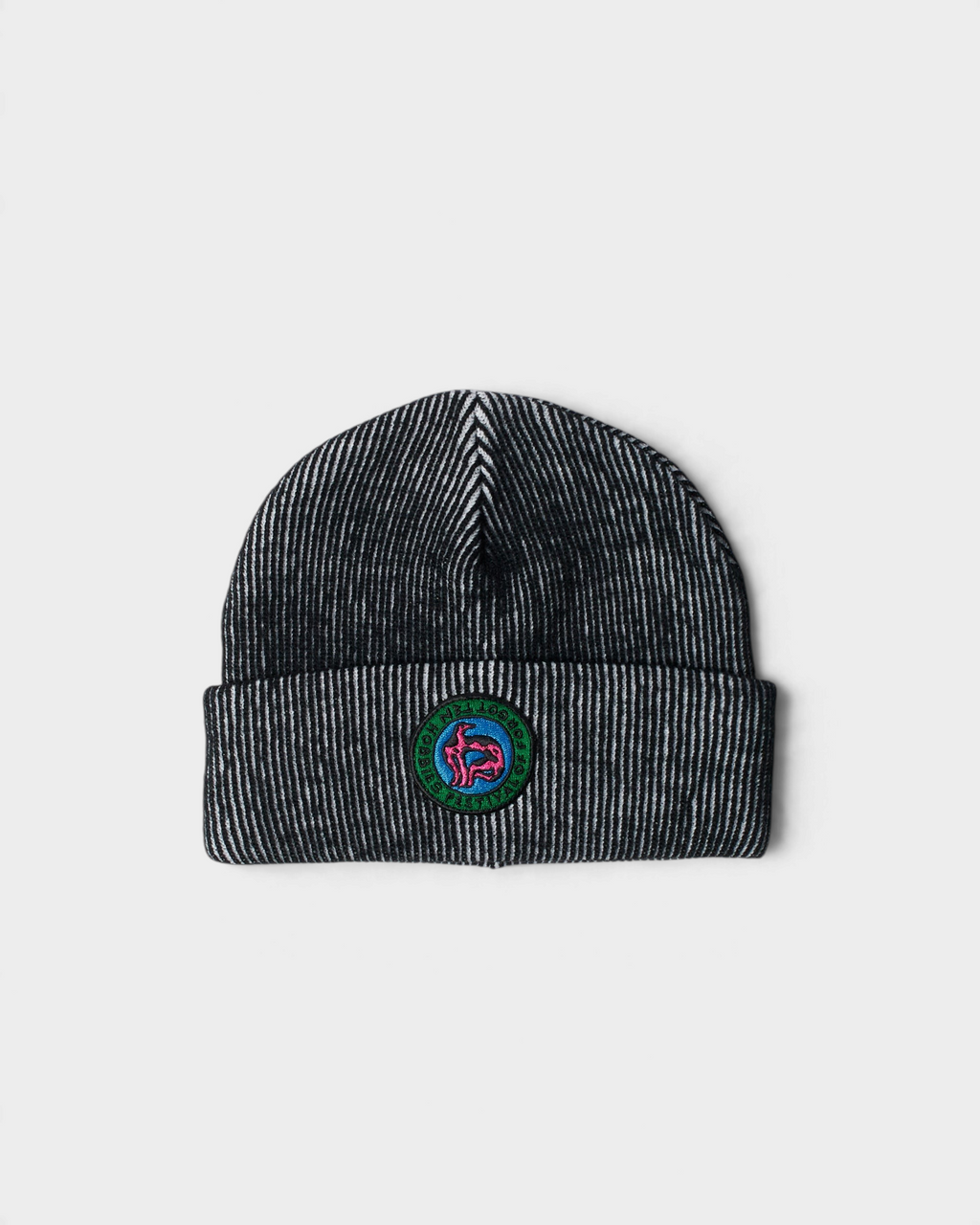 by Parra Forgotten Hobbies Beanie - Black, front view with the round Forgotten Hobbies patch on the cuff