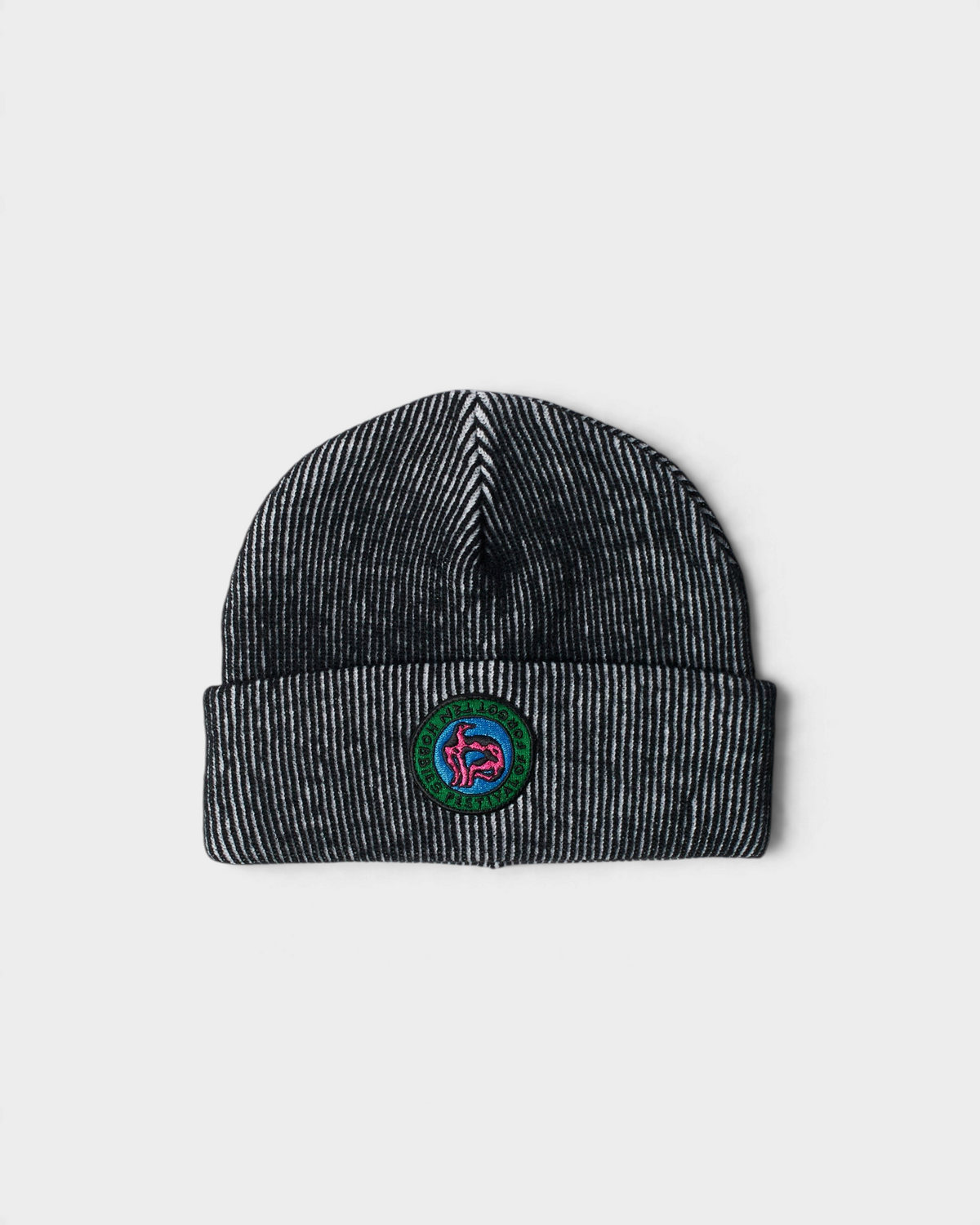 by Parra Forgotten Hobbies Beanie - Black, front view with the round Forgotten Hobbies patch on the cuff