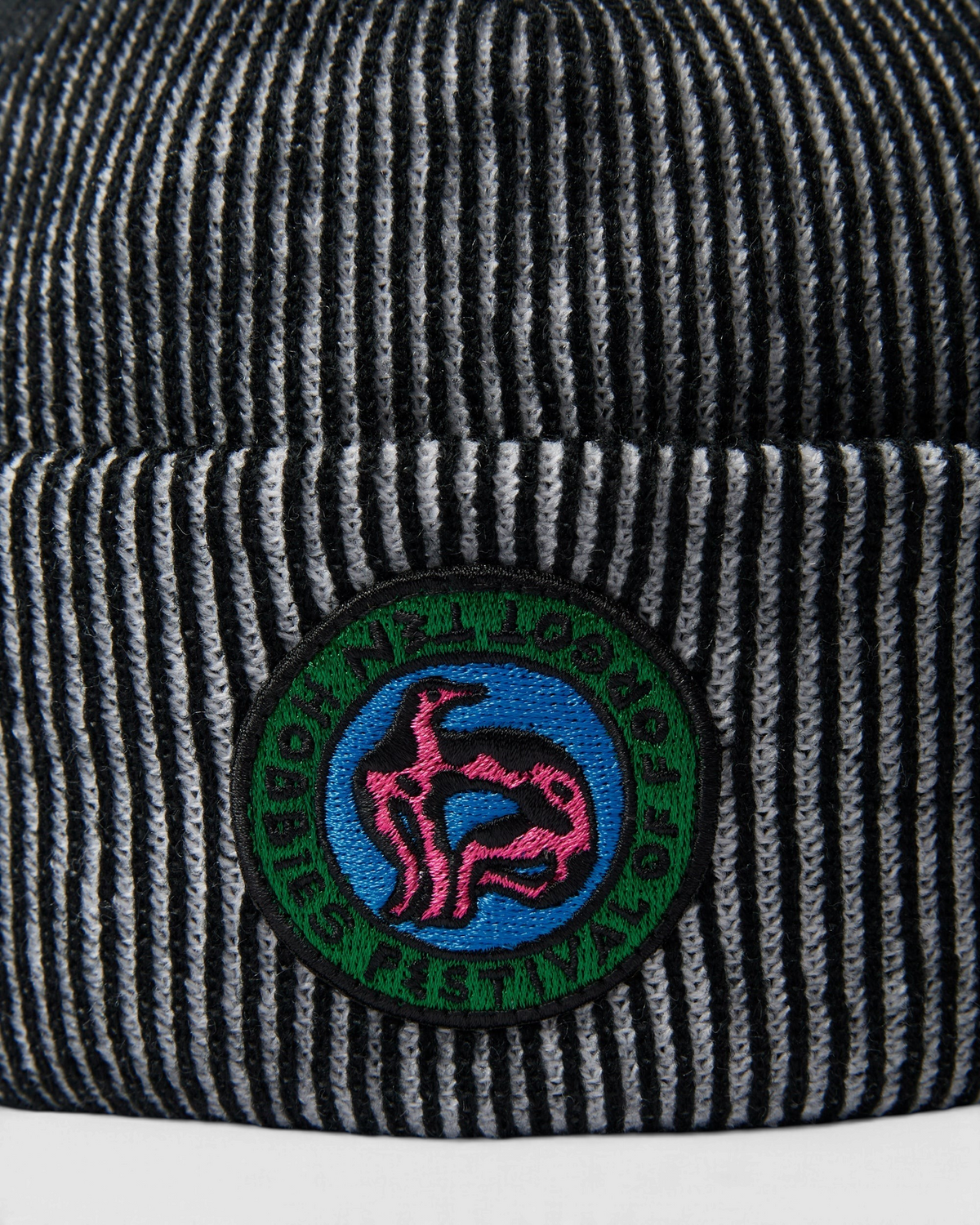 by Parra Forgotten Hobbies Beanie - Black, close-up of the patch and ribbed knit