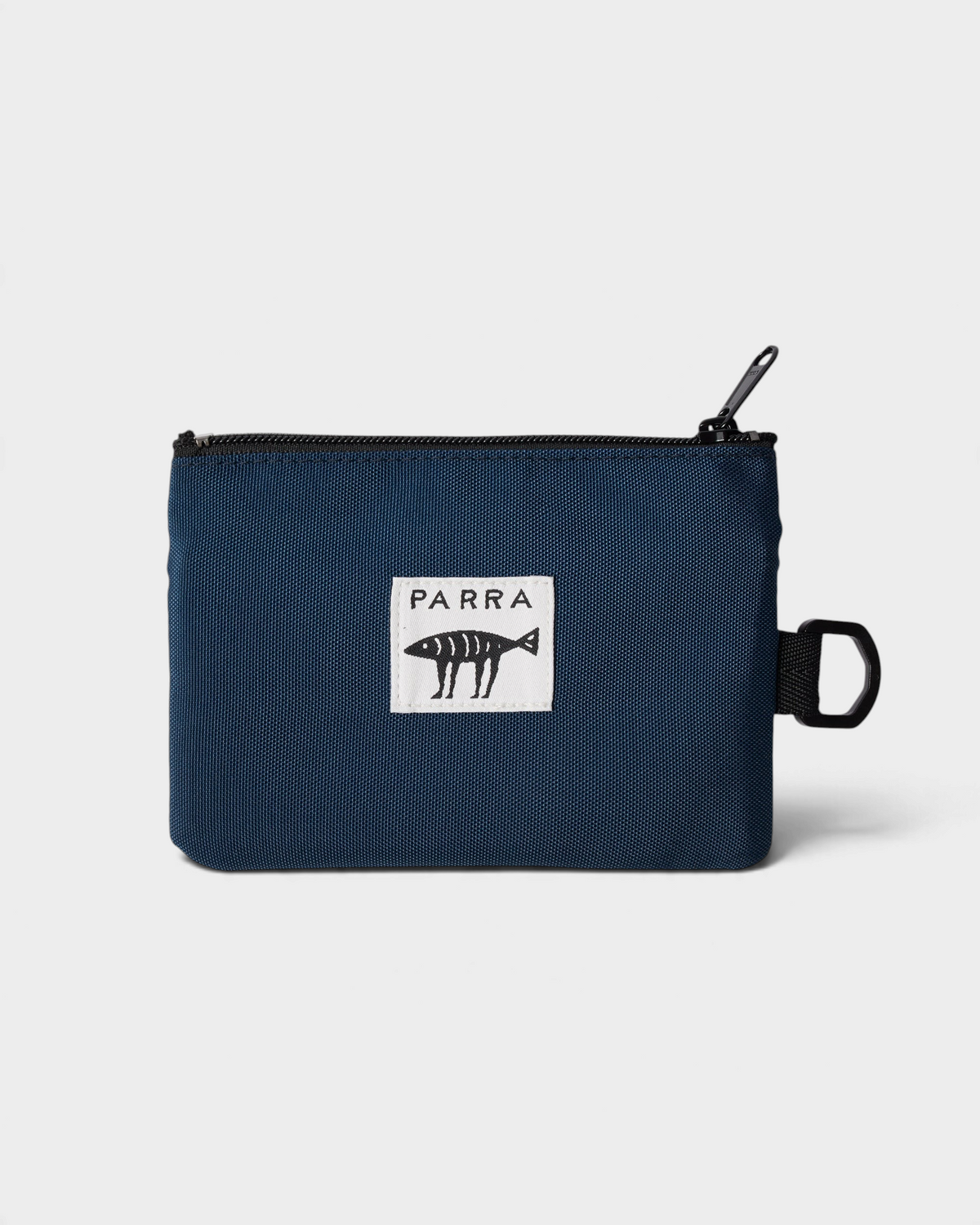by Parra Money Darwin Pouch Wallet - Blue, front view with the woven Parra fish label and a side loop