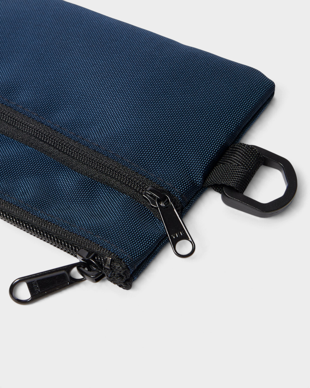 by Parra Money Darwin Pouch Wallet - Blue, close-up of the two zips and the side loop