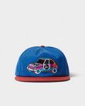 by Parra No Car 5 Panel Hat - Blue, front view with the No car embroidery of a colourful car and a contrasting red visor