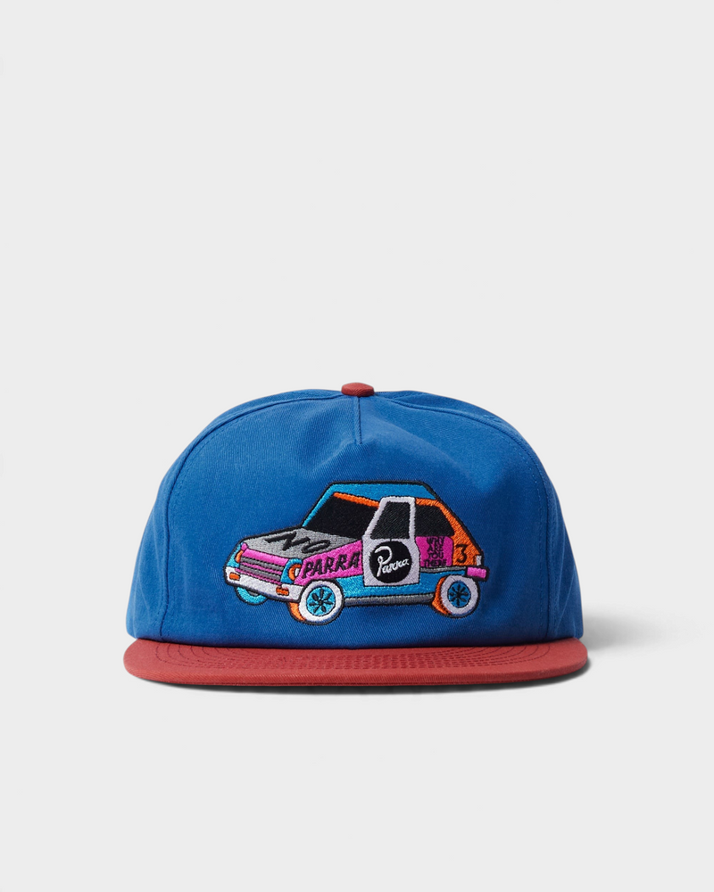 by Parra No Car 5 Panel Hat - Blue, front view with the No car embroidery of a colourful car and a contrasting red visor