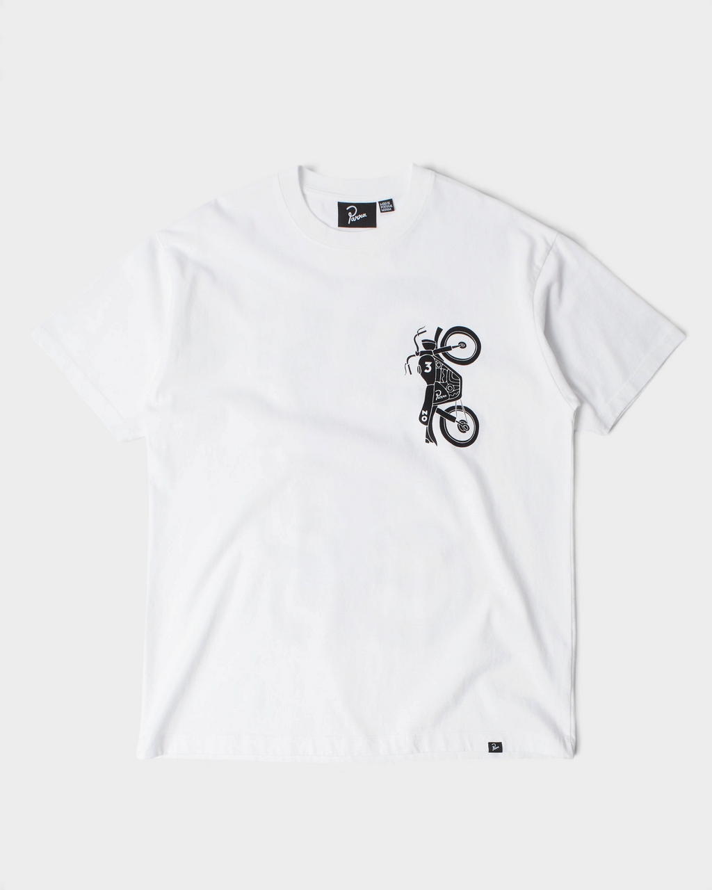 by Parra Not Another Boat T-Shirt - White, front flat-lay with a small black motorbike print on the chest