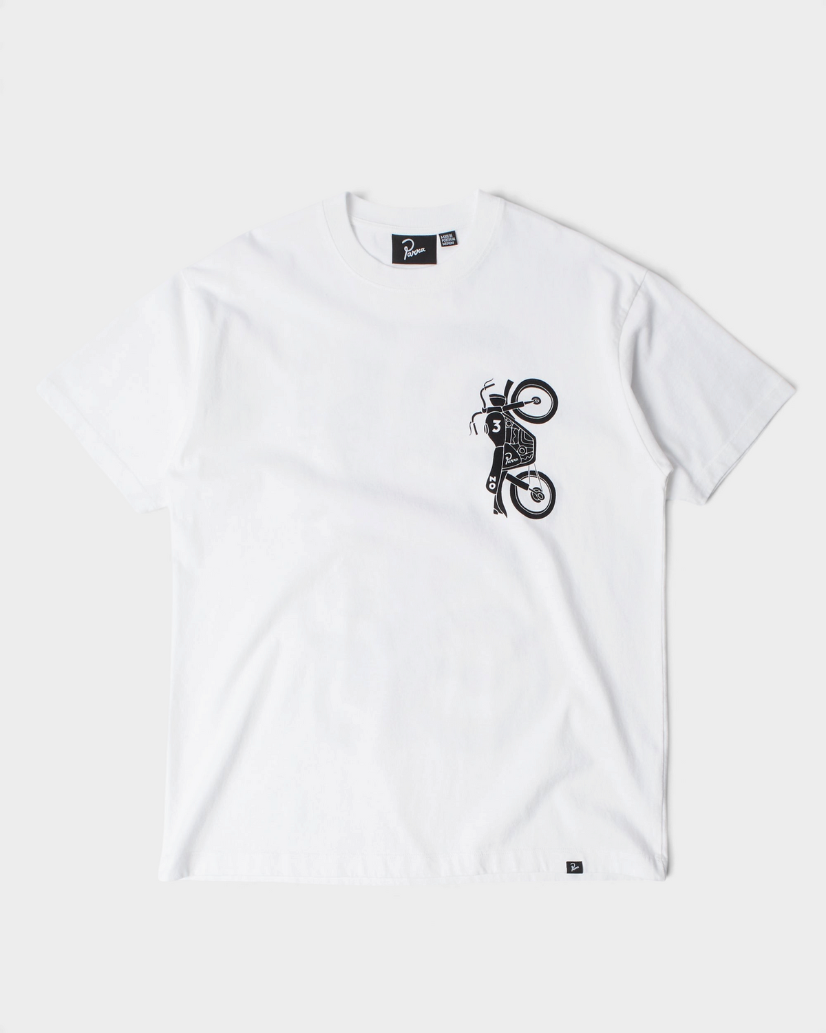 by Parra Not Another Boat T-Shirt - White, front flat-lay with a small black motorbike print on the chest