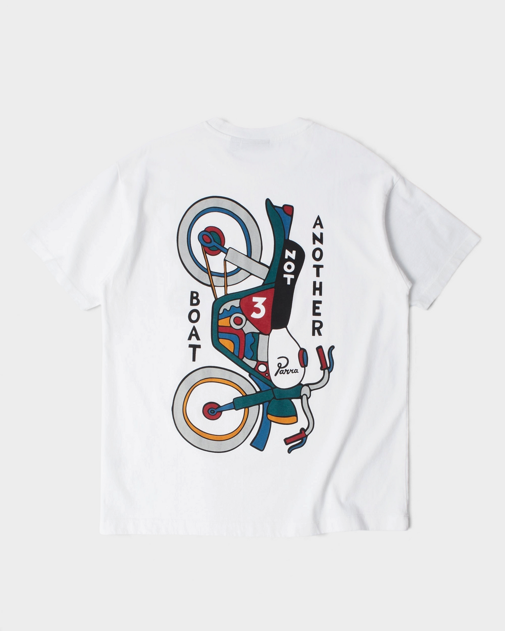 by Parra Not Another Boat T-Shirt - White, back flat-lay with the colourful Not another boat motorbike print