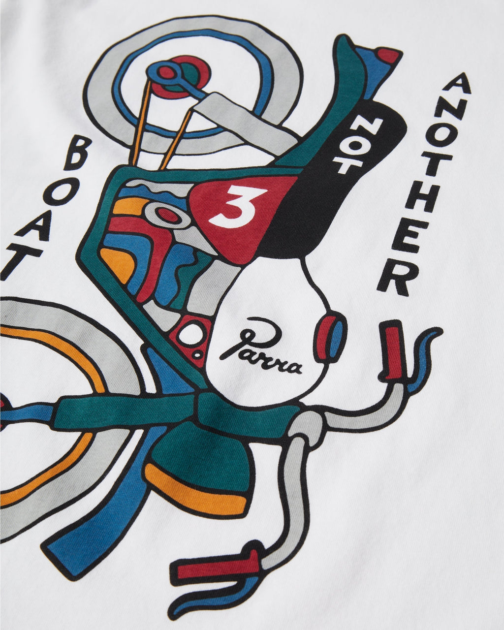 by Parra Not Another Boat T-Shirt - White, close-up of the colourful motorbike print on the back