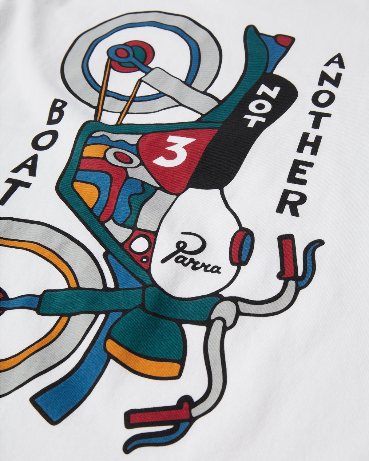 by Parra Not Another Boat T-Shirt - White, close-up of the colourful motorbike print on the back