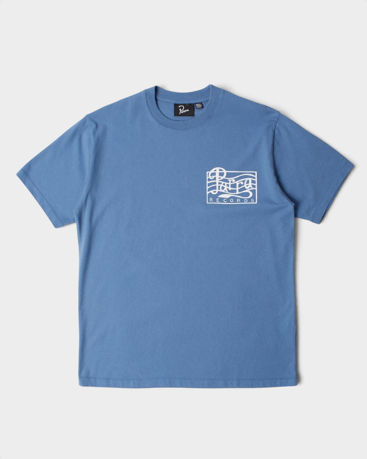 by Parra Parra Records T-Shirt - Blue, front flat-lay with a small white Parra Records print on the chest