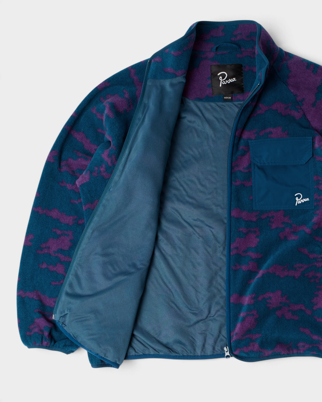 by Parra Purple Darwin Camo Fleece - Blue, unzipped, showing the mesh lining