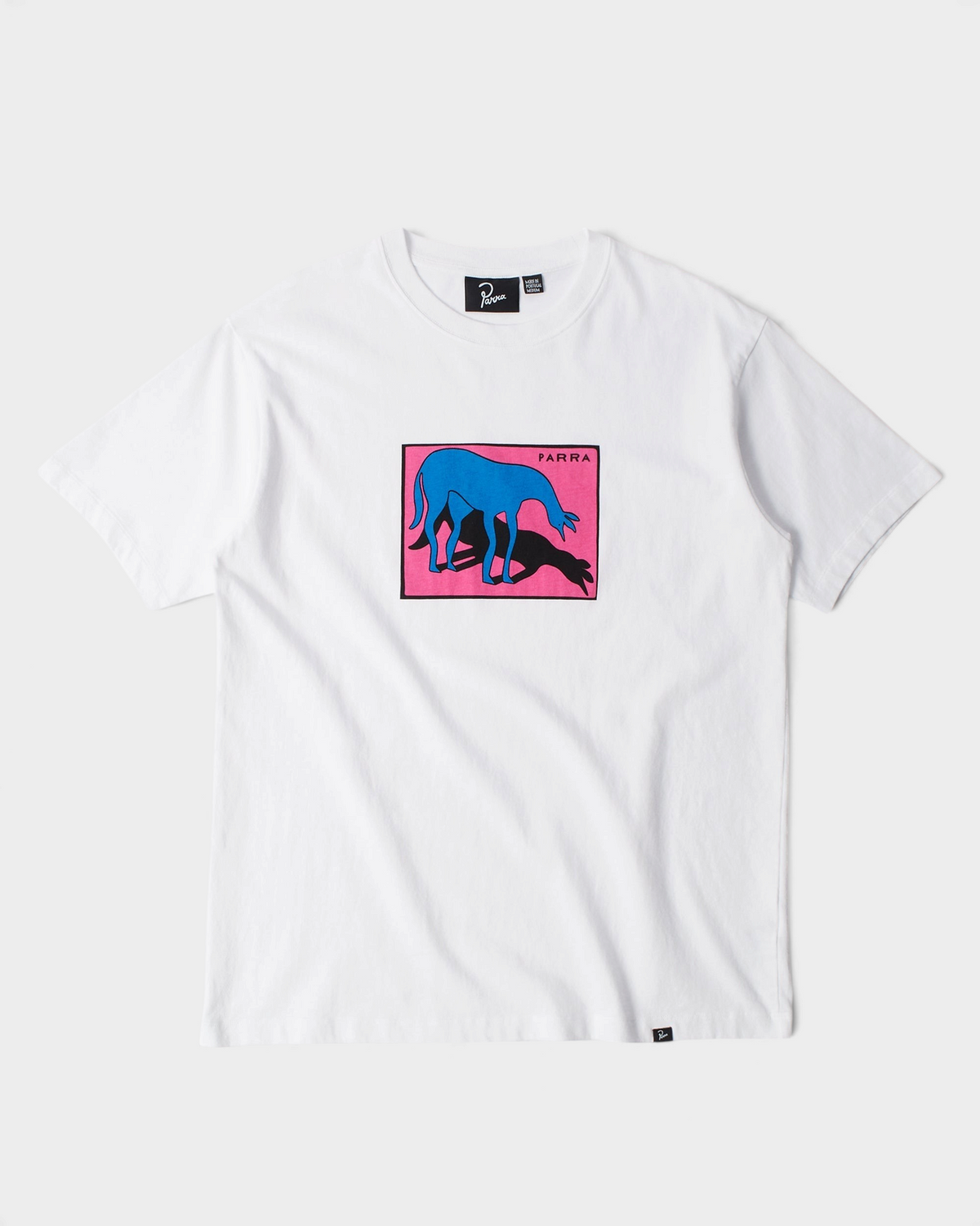 by Parra Sad Horse T-Shirt - White, front flat-lay with the pink Sad horse print of a blue horse and its shadow