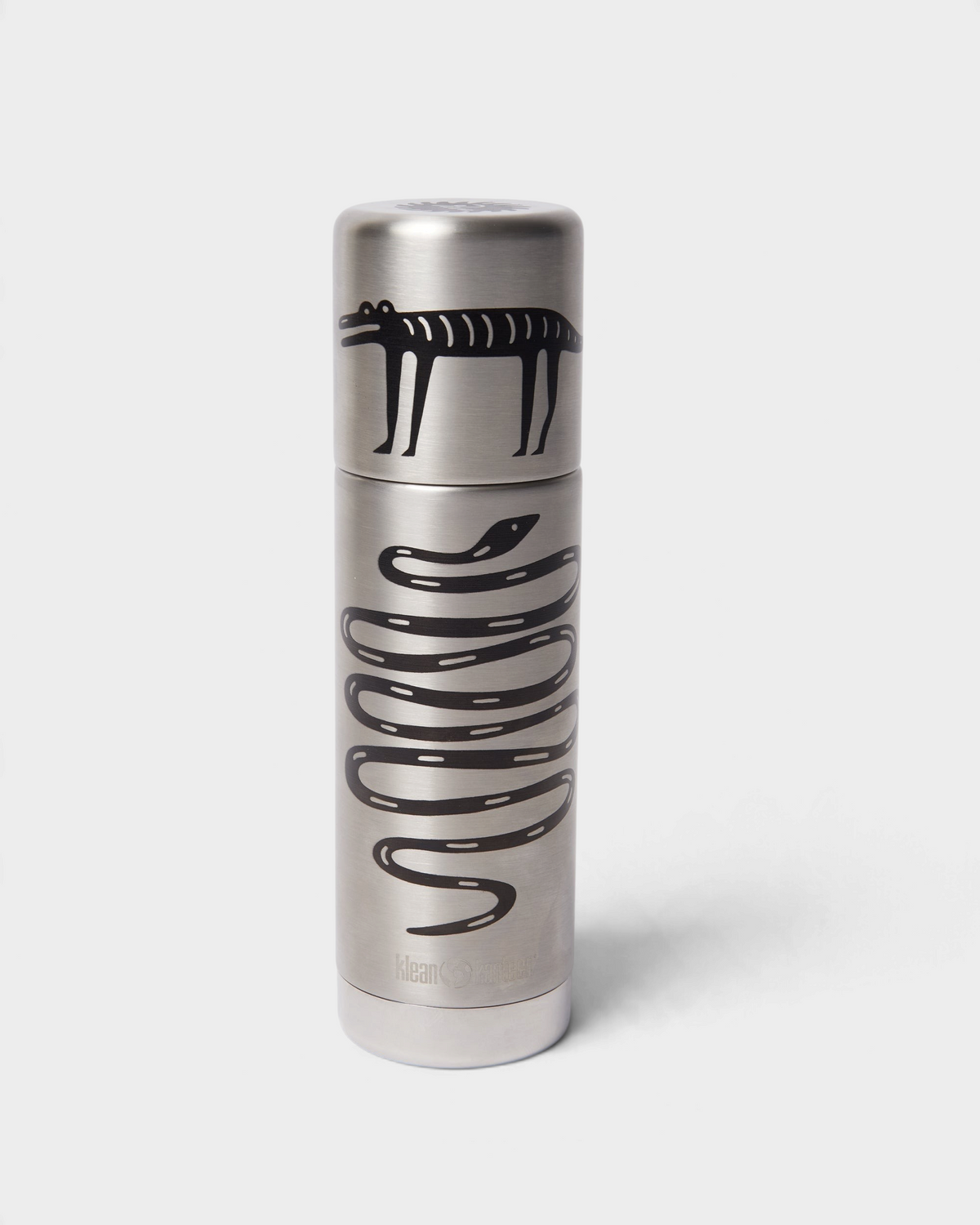 by Parra Snakes and Darwin Klean Kanteen Bottle - Brushed, the bottle standing, printed with black animals and a snake on brushed steel
